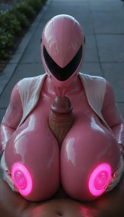 (((female, no face, mirrow helmet, pink power ranger suit:1.2))), 5 fingers, (huge breasts, hyper breasts:1.2), ((red, glossy rubber skin:1.3)), titjob, (((dynamic angle view, cock, male pov))), night, claws, ((Open clothing)), curvy figure, female, gloves claws, (purple glowing Metallic nipples:1.1), gloves, navel, thick thighs, voluptuous body, <lora:add-detail-xl:2>