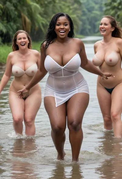 high detail. A very dynamic, high-quality shot. Excellent quality.Realistic high quality photo, sunny day. 3 women. A trio of middle-aged fat obese village women, pretty black African, very dark skin, full build is bending forwards and scooping water from the tropical river and splashing it all over. Thigh deep in the water, happy, smiling, ((wearing a short transparent white tube dress, massive tits, massive cleavage, strapless, no bra, no panties, her dress is wet and clinging and see through revealing her massive breasts and hairy pussy)), top half of dress pulled down, tits hanging out, breasts visible, big protruding nipples, pokies, raining heavily, monsoon, ((back view, view from behind, looking back, ass on display)), tube, dress, bodycon, <lora:932836_training_data:.8>, <lora:Plain_tube_dress:.8>