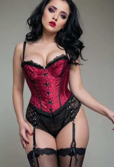 full portrait of woman, with legs, with feet, realistic proportion, front view, goth, 18 years old, black hair, perfect face, beautiful detailed eyes, extremely detailed face, from below, looking down, full body, black and pink lingerie, corset, stockings, red lipstick, black eyeshadow, makeup