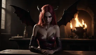 In a medieval tavern filled with loud voices and the crackling of wood in the fireplace, a succubus girl sits. Her long cherry-colored hair shimmers in the soft candlelight, and her pointed ears stand out from the human visitors. Her eyes, deep pools of dark purple, sparkle with a playful light as she looks around the room, as if choosing the next victim for her spell.

On its back, large leathery wings are visible, neatly folded behind its back, but ready to spread out at any moment. They shake slightly as she laughs at the joke of some orc demon trying to cheer her up. Her bushy, tipped tail wriggles impatiently under the table, occasionally brushing against the legs of passersby.

She is dressed in a form-fitting dress of maroon color, decorated with gold patterns that emphasize her figure. Her wrists are encrusted with black metal bracelets that tinkle softly with every movement of her hands. In her hands, she holds a glass of red wine, which gives off a light aroma of spices.

Her smile \ \ \, a mixture of innocence and danger\ \, attracts the eyes of all around. She knows this and plays with it, occasionally adjusting a stray lock of hair or leaning forward to hear the other person better. Despite her demonic origins, she seems surprisingly natural and even charming among the other tavern dwellers, although everyone here understands that it's best not to play games with her if you're not prepared for the consequences.", hannahowo, <lora:EnvyStarlightGoddess02:.9>, <lora:dark:.4>