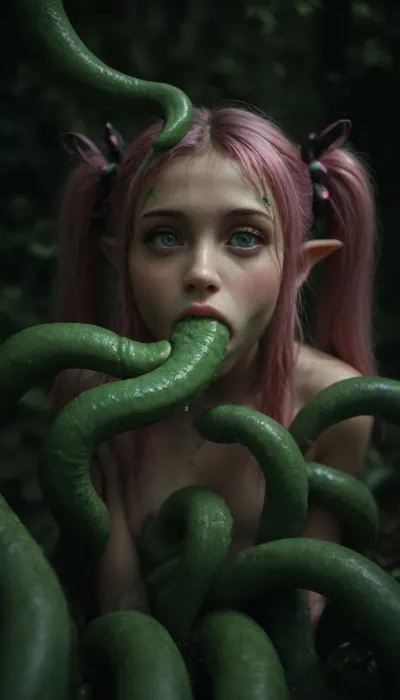 (maximum details:1.5), extreme closeup on tentacles entering a girl's mouth and keep moving inside her, keep on moving, further and further inside the girl, very cute obedient 18 yo petite girl, pink hair in pigtails, in dark thick woods at night, ((bright green seamless tentacles with pointy ends gang bang the girl:1.6)), ((oral penetration:1.9)), thick saliva threads, white wet hair, extra cute, extremely pretty, cute round face and gorgeous face structure, gorgeous model face, ((wet hair)), (cinematic masterpiece), naughty aesthetic, insatiable beauty, <lora:dark:1.1>