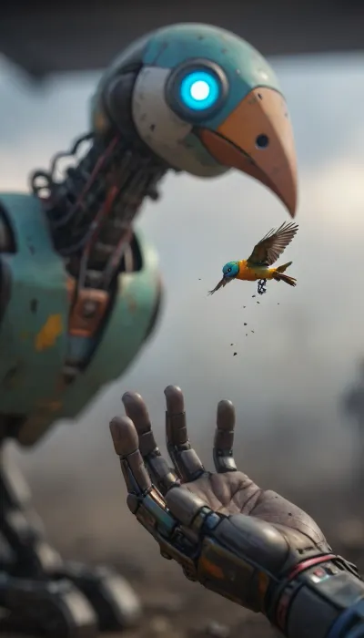 very strong close-up with shallow depth of field of a colorful Bird fed with seeds from outstretched robot hand in foreground, (background filled with a blurred robot face observes the bird on the hand:1.4), cloudy, smoke, atmospheric, clouds, fog, TIE, fighter, <lora:Simon_Stalenhag_LFTL_SDXL:1.7>, <lora:Cloudy_Style:.8>, <lora:TIE fighter:.8>, <lora:[XL]focus:.8>