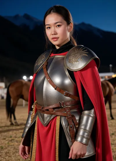 Photorealism, photorealistic, realistic, {vibrant Kyrgyz warrior in armor, close-up, against the backdrop of the night steppe, horses standing in the background}, lifelike, highly detailed, ultra-realistic, cinematic lighting, 8K БД