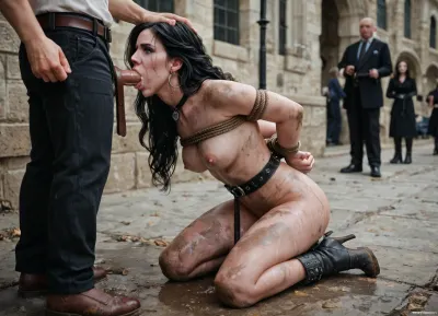 nude, belts, cry, deepthroat, anal plug, Yennefer, hooves boots, tied up arms behind back, heigh heels, dirty, tagging earrings, public parc, <lora:284451_training_data:2>