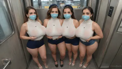 three extremely attractive busty middle eastern train hostess women with name tags on, colossally exaggerated with colored glittery glowing eye makeup, meets the viewer's gaze with enormously horny and excited eyes, colossally aroused women grope and kiss each other all over their bodies while on duty on a passenger train, diamond platform shoes with extremely high narrow stiletto heels, fishnet pantyhose, sexy skimpy train hostess extremely tight bodycon micro shorts with waist belt, train hostess see-through wet sleeveless extremely tight bodycon turtleneck sweater that stretches colossally over the plump low pendulous breasts, face veil, beret shawl, gigantic colossally plump extremely pendulous beefy monster breasts, extremely exaggeratedly micro narrow waist, view from above