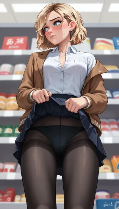 Gwen Stacy, Surrender by man, view from below, from below, 1girl, solo, collared white shirt, buttoned jacket, pleated skirt, skirt lift, lifted by self, embarrassed, look away, black pantyhose, in supermarket, <lora:skirt lift XL V2:.5>