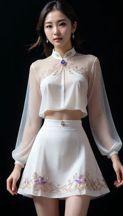 6-12yifu, manhua beauty, detailed face, a most beautiful asian women, see-through, white shirt, skirt, gem, phosphophyllite, standing, black background, nude lower body shillouette, braless, Wearing, clothes, that, make, sense, with, Braless>, <lora:6-12yifu:.7>, <lora:bralessSDXL_v1_00022:.1>