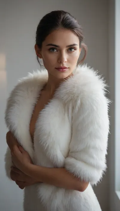 bright studio light in a white room, wealth and luxury. feathered white fur on Riana's shoulder