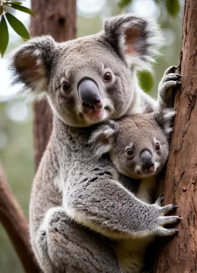 (photorealistic:1.2), image of a, (mother koala:1.1), with her, (small koala:1.2), on her back, (clinging to a tree branch:1.1), . The koalas have soft, thick grey fur and white chests. The small koala's face is visible over its mother's shoulder, both looking directly at the viewer with, (wide, curious eyes:1.1), and, (pink noses:1), . The lighting is soft and natural, highlighting the texture of their fur. The background is a soft, (out-of-focus bokeh blur), of green and brown tones, suggesting a natural habitat., (detailed fur:1.3), high detail, sharp focus, vibrant realistic colors, (professional photography:1.1), wildlife photography, soft natural lighting, volumetric lighting, depth of field