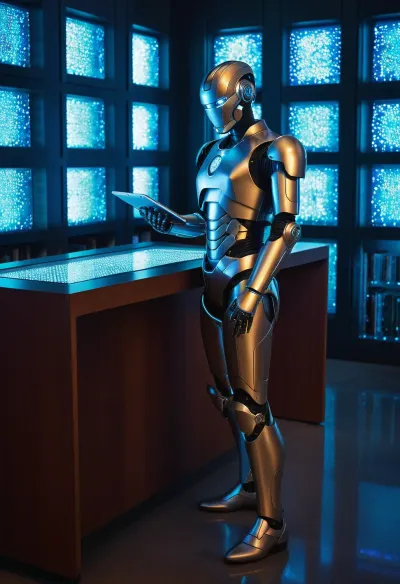 Modern colored pencil sketch {22nd century municipal library, silver humanoid android robot standing in front of info-crystal cells, holding a futuristic tablet in his hands. SCI-FI, fantasy, interior of a futuristic library, neon lighting, Michael Whelan style}. colored, contrast, tone, texture, details, stylish, elegant