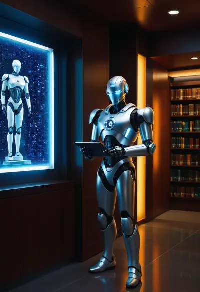 Modern colored pencil sketch {22nd century municipal library, silver humanoid android robot standing in front of info-crystal cells, holding a futuristic tablet in his hands. SCI-FI, fantasy, interior of a futuristic library, neon lighting, Michael Whelan style}. colored, contrast, tone, texture, details, stylish, elegant