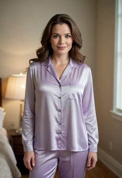 Lubica Stepaunt, a 55-year-old mature Eastern European woman with a full-figured BBW body and soft facial features. She stands in a softly lit bedroom wearing a light lavender satin pajama set. The top is a long-sleeved button-up blouse with a relaxed fit and subtle sheen, paired with matching full-length satin pants. Her chestnut brown hair with silver streaks is styled in soft waves, and she wears a gentle closed-mouth smile. Her almond-shaped pale green eyes gaze calmly ahead, framed by thick expressive eyebrows. The lighting is a mix of warm lamplight and diffused daylight from a nearby window, highlighting the soft textures of her skin and fabric. The background includes a white door, a wall-mounted light fixture, and neutral-toned walls. Photorealistic, realistic skin texture, ultra-detailed, Canon EOS 5D Mark IV, aperture f/8, ISO 100, natural lighting, depth of field, bokeh.
