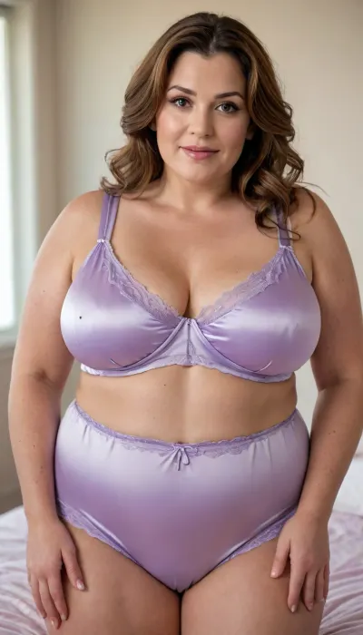 Lubica Stepaunt, a obese 55-year-old mature Eastern European woman with a full-figured BBW body and soft facial features. She stands in a softly lit bedroom wearing a light lavender satin lingerie set. The top is a sleeveless with a tailored fit and subtle sheen, paired with matching form fitting tailored satin shorts. Her chestnut brown hair with silver streaks is styled in soft waves, and she wears a gentle open-mouth smile. Her captivating eyes gaze seductively at the camera, framed by thick expressive eyebrows. The lighting is a mix of warm lamplight and diffused daylight from a nearby window, highlighting the soft textures of her skin and fabric. The background includes a white door, a wall-mounted dildo, and neutral-toned walls. Photorealistic, realistic skin texture, ultra-detailed, Canon EOS 5D Mark IV, aperture f/8, ISO 100, natural lighting, depth of field, bokeh., bottomheavy, big, ass, huge, gigantic, thick, thighs, massive, <lora:bottomheavy_v1_sdxl_tags:.8>