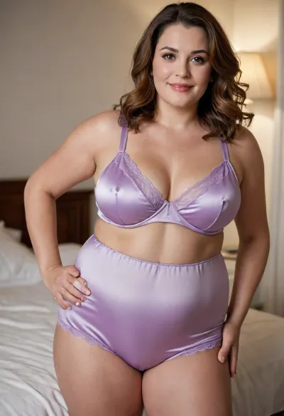 Lubica Stepaunt, a obese 55-year-old mature Eastern European woman with a full-figured BBW body and soft facial features. She stands in a softly lit bedroom wearing a light lavender satin lingerie set. The top is a sleeveless with a tailored fit and subtle sheen, paired with matching form fitting tailored satin shorts. Her chestnut hair with silver streaks is styled in soft waves, and she wears a gentle open-mouth smile. Her captivating eyes gaze seductively at the camera, framed by thick expressive eyebrows. The lighting is a mix of warm lamplight and diffused daylight from a nearby window, highlighting the soft textures of her skin and fabric. The background includes a white door, a wall-mounted dildo, and neutral-toned walls. Photorealistic, realistic skin texture, ultra-detailed, Canon EOS 5D Mark IV, aperture f/8, ISO 100, natural lighting, depth of field, bokeh., bottomheavy, big, ass, huge, gigantic, thick, thighs, massive, <lora:bottomheavy_v1_sdxl_tags:.8>