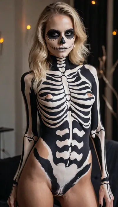 Sexy skeleton costume, gorgeous 20yo blonde instagram model with athletic build and perky boobs naked with black and white skeleton style bodypaint at a Halloween party, full body view, hairy pussy, no face paint