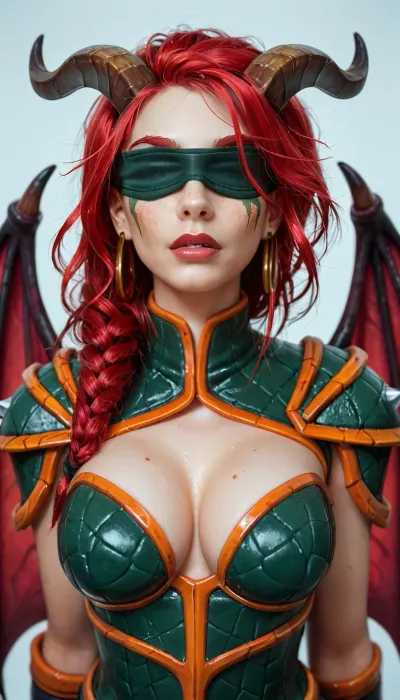 ((((demon hunter from warcraft red hair)))), demon hunter outfit from warcraft, demon hunter skin from warcraft, blindfold, demon hunter wings from warcraft, 3/4 body view