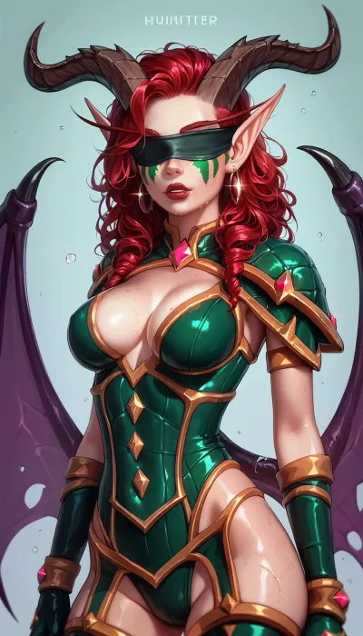 (demon hunter from warcraft red hair), demon hunter outfit from warcraft, demon hunter skin from warcraft, blindfold, demon hunter wings from warcraft, 3/4 body view