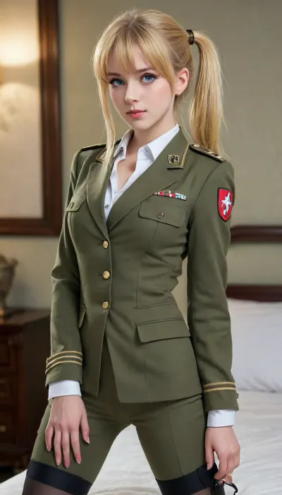 Young Tanya Von Degurechaff Youjo Senki, german girl, bangs, fringe around her face, single high-tied ponytail, natural yellow hair, blue-eyes, extremely long straight hair, slicked-back hair gelish, long slicked hair, long sleek yellow hair, makeup, 18yo girl, youth, petite waist, looking at viewer, young lovely face, sweet lovely face, girlish, young, thin waist, accurate picture, extremely slim waist, 4k, ultra hd, full HD, correct anatomy, correct body proportions, heroic pose, earrings, black high heels sandals, bedroom, oficer green military uniform nazi, green military pants, black extra large combat bots, green military blazer