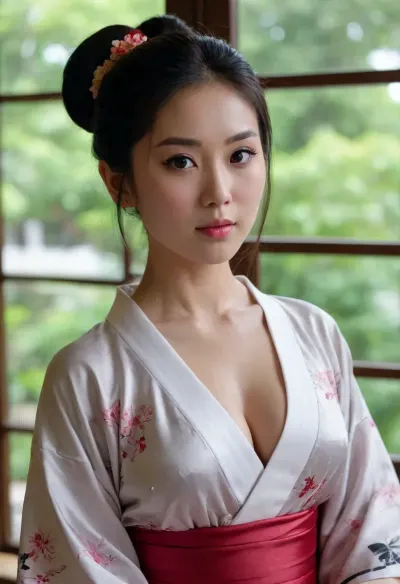 young beautiful slender Japanese girl 25 years old with medium breasts, wearing a kimono, top open, breasts exposed, bare breasts, exposed breasts, (naked breasts), standing, detailed breasts, looking at the viewer, silky black hair in a bun with chopsticks in the bun, full body shot. demure, tack sharp, 4k, dslr