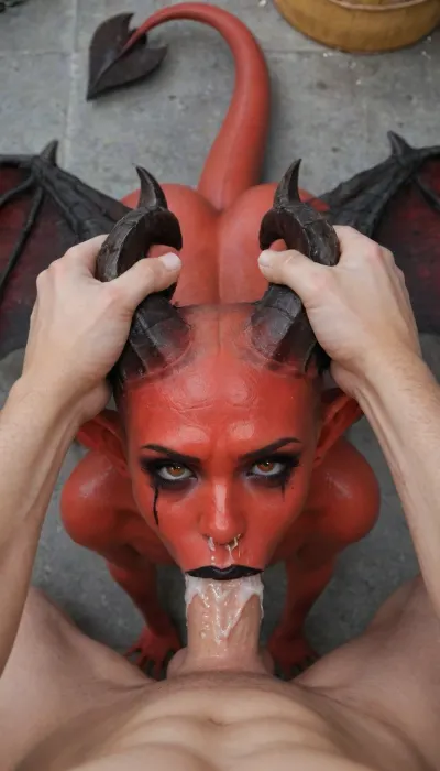 full body view, (focus on girl giving a blowjob, deep throat:1.2), (((pov hands, huge horns grab))), looking at the viewer, naked, (pointy ears, bald head), (red skin, huge wide webbed wings, (skinny ass, scaly tail), huge red eyes, (black smokey eye makeup is running:1.2), (black lipstick:1.5)), (oiled body:1.6), (cum spills from her mouth and nose:1.5), Flame around background, five fingers, great angle of view, photo from below, (ultra-detailed skin, best quality, photorealistic, highres, ultra-detailed, HDR, bright sunlight), pov_deepthrt, deepthroating, a, man's, penis, blsdp, <lora:concept_pov_dt_xl2-000020:1.4>