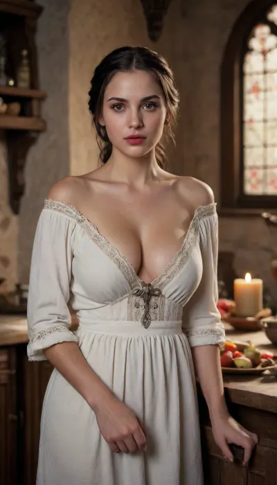 (masterpiece), (highest quality), (detailed eyes), (photorealistic), (realistic), 1 girl, 19 yo sexy Romanian woman, medium shot, standing in a middle age kitchen, looking at the viewer, black hair, braided hair, half-naked, (thin, simple white peasant nightshirt:1.1), (bare shoulders:1.2), (large heavy breasts almost exposed:1.3), after the vampire bite on her left breast, ancient Dracula castle, medieval setting, stone walls, (rich wooden coffin next to her:1), ((tapestry depicting a knight hanging behind her)), dark fantasy art, subtle contour lighting, soft light, volumetric lighting, natural light, warm tones, earthy colors, mood, subtle shadows, highly detailed skin, sharp focus, cinematic, 8k, (memorable eyes)