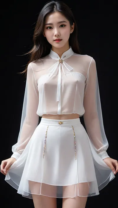 6-12yifu, manhua beauty, detailed face, a most beautiful asian women, long black silky hair, innocent looks, gentle, see-through, white shirt, skirt, gem, phosphophyllite, standing, black background, nude lower body shillouette, braless, Wearing, clothes, that, make, sense, with, Braless>, <lora:6-12yifu:.7>, <lora:bralessSDXL_v1_00022:.4>