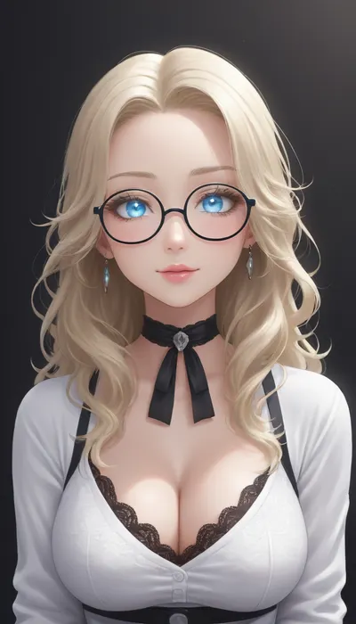 influenecer, 19 years old, (long eyelashes:1.7), blond hair, long hair, light blue eyes, black choker, (tight cute white lace top:1.3), big cleavage, strong blush, (big glasses:1.3), (transparent glasses), big tits, zoom on face and tits, smiling, sparkling eyes, glowing eyes, <lora:Jeweled eyes-NAI:1.4>