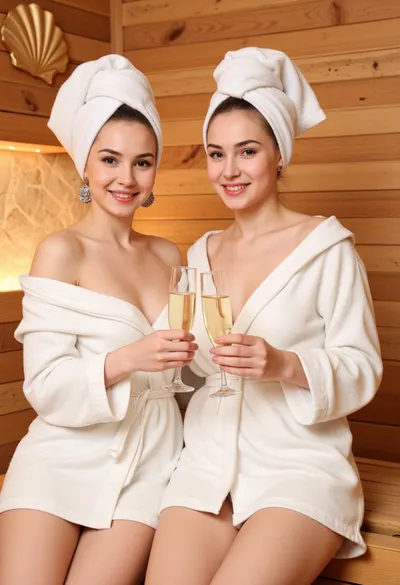 SPA salon, sauna, (two, (girls), 1.3), in white robes, in, (white towels on their heads:1.1), (holding champagne glasses:1.2), in the sauna, wooden interior, (golden shell:.8), on the wall, studio lighting, (warm, cozy light:1.1), happy, smiling faces, close-up, photorealistic, high detail, (high quality:1.2), professional photo, perfect eyes, subtle makeup, perfect smile, (bright lips), (detailed facial features), .
