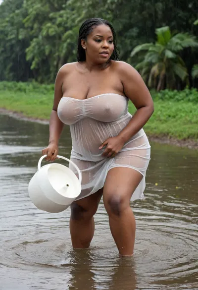 high detail. A very dynamic, high-quality shot. Excellent quality.Realistic high quality photo, sunny day. A middle-aged fat obese village woman, pretty black African, very dark skin, full build is bending forwards and scooping water from the tropical river with a large white bucket. wearing a short transparent white tube dress, massive tits, massive cleavage, strapless, no bra, no panties, her dress is wet and clinging and see through revealing her massive breasts and hairy pussy, top half of dress pulled down, tits hanging out, breasts visible, big protruding nipples, pokies, raining heavily, monsoon, side view, tube, dress, bodycon, <lora:932836_training_data:.8>, <lora:Plain_tube_dress:.8>