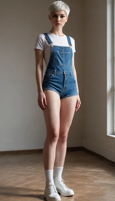 in full height, standing with her legs apart, a girl with a snow-white pixie haircut, moist skin, beautiful legs and hips, shadows, seductively, low-cut T-shirts, triple push-up, graceful legs, overalls, work boots and white socks, strict appearance, strict, frowned