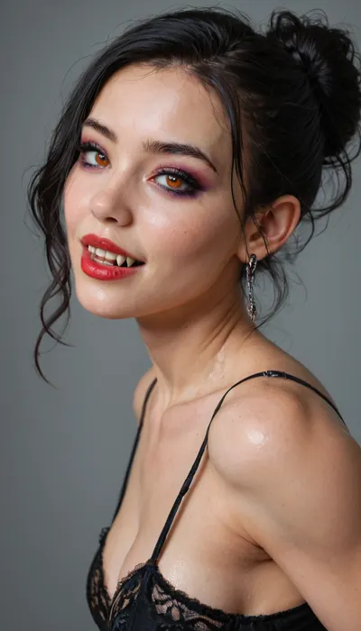 asian futanari with big dick and big balls, thicker dick, 30 cm long dick, goth, messed bangs hairstyle, garter belt and ripped off stockings, tight clothes, hourglass body, horny vampire, sensual face, attractive body, pleasure room, natural skin, beautiful face, ultra high details, hdr, veins on big dick, natural titts, highly detailed dick, barefoot, standing, side view, toned body, vivid colors, Stable-Yogis-Makeup-Enhancer-XL, detailxl, detailed eyes, movie, still, film, cinematic, shot, lighting, macro, 35mm, g, close, up, Perfect, Fangs, fangs, sharp, vampire teeth, fang, belly, cut-out, <lora:DetailedEyes_V3:2>, <lora:AdvancedEnhancerXLv2:2>, <lora:Unfazed vampire - XL SDXL V1.0:2>, <lora:BT_Belly_Cut-Out_Dress_XL:.8>