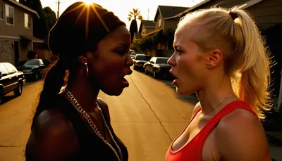 (American ghetto:1.5), (gangsta:1.4), California, compton, hood, (hood street:1.4), (tough dark ebony woman arguing with a skinny white blonde bimbo:1.4), young white girl with small breast, (bimbo blonde), yelling, screaming, cursing, offending, insulting, unaestheticXL_cbp62, <lora:add-detail-xl:.8>