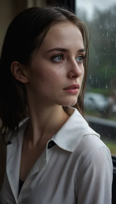 POV your 18yo neighbour asks to come in your house. It is raining outside and she is totally wet. Her makeup is ruined. She has a slender bony figure. She has a slender face with cheekbones. She has sharp chin and nose. She is wearing white office blouse, black office skirt, black boots and a raincoat. She is about to cry. She looks very sad and lonely.