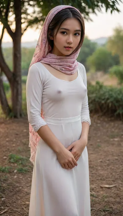 hentai beauty, 1girl, 18 years old, southeast asian girl, petite, detailed face, (scarf covering head, forehead, neck, hair), (undercap), kaftan, long sleeves shirt, long skirt, soft fabric, no, bra, covered, nipples, 3/4 body view, outdoor, <lora:nobrav1_SDXL:.2>