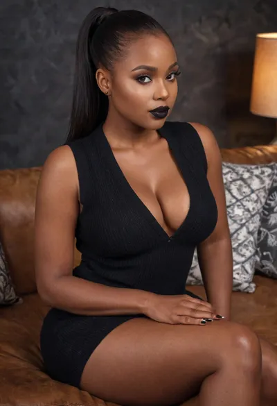 (Ultra Realistic), 1gorgeous African woman, dark skin, black woman, Black hair, low ponytail, straight hair, detailed brown eyes, large bimbo breasts, plump body, (black lipstick, smokey eye makeup), sexy sweater dress, sleeveless, cleavage, ultra detailed, sitting, comfortable, leather sofa, expensive background, shaved pussy, legs spread . Tags, Ultra realistic, Masterpiece, Ultra detailed, High res, High resolution, 8k, UHD, Professional photography, beautiful face