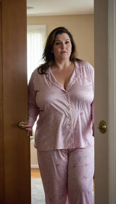 My mature full figured American bbw wife feels unobserved in the bedroom and changes her pajamas, wearing light silk pajama. She doesn't notice that I'm watching her through the crack in the door.