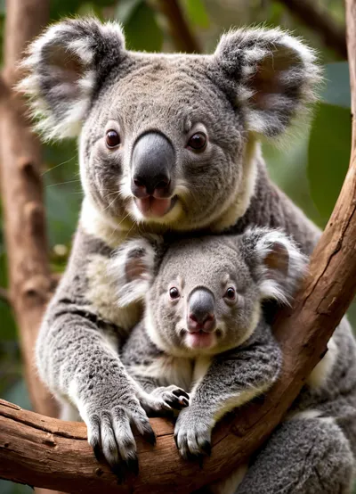 (photorealistic:1.2), image of a, (mother koala:1.1), with her, (small koala:1.2), on her back, (clinging to a tree branch:1.1), . The koalas have soft, thick grey fur and white chests. The small koala's face is visible over its mother's shoulder, both looking directly at the viewer with, (wide, curious eyes:1.1), and, (pink noses:1), . The lighting is soft and natural, highlighting the texture of their fur. The background is a soft, (out-of-focus bokeh blur), of green and brown tones, suggesting a natural habitat., (detailed fur:1.3), high detail, sharp focus, vibrant realistic colors, (professional photography:1.1), wildlife photography, soft natural lighting, volumetric lighting, depth of field