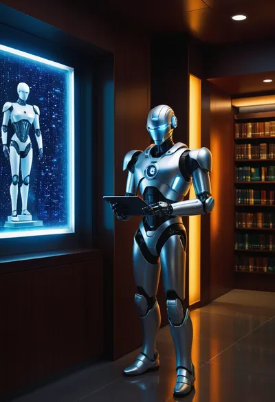 Modern colored pencil sketch {22nd century municipal library, silver humanoid android robot standing in front of info-crystal cells, holding a futuristic tablet in his hands. SCI-FI, fantasy, interior of a futuristic library, neon lighting, Michael Whelan style}. colored, contrast, tone, texture, details, stylish, elegant