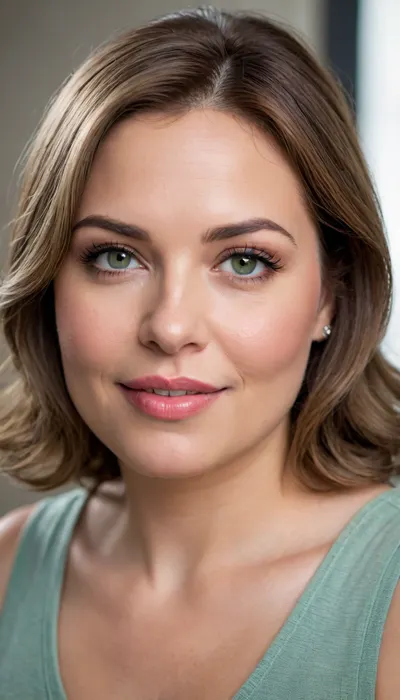 Lubica Stepaunt, a 55-year-old mature Eastern European woman with a full-figured BBW face. Her cheeks are plush and rounded, her jawline soft and subtly tapered. She has almond-shaped pale green eyes with flecks of hazel, framed by thick, expressive eyebrows. Her lips are full and rose-tinted, with a gentle cupid’s bow. She wears a opened-mouth smile that lifts the corners of her mouth slightly, conveying warmth, quiet confidence, and subtle flirtation. Her expression is calm and introspective, with a hint of amusement. Her skin is light with neutral undertones, showing fine lines around her eyes and mouth, and soft creases near her chin. Her hair is chestnut brown with elegant silver streaks, styled in medium-length soft waves that fall naturally around her face. Photorealistic, realistic skin texture, emotionally rich, ultra-detailed, Canon EOS 5D Mark IV, aperture f/8, ISO 100, natural lighting, depth of field, bokeh.