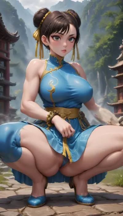 chun li from "street fighter", squatting on the top of a mountain in Zhangjiajie, full body, wearing chinese green traditionnal sexy dress, huge boobs