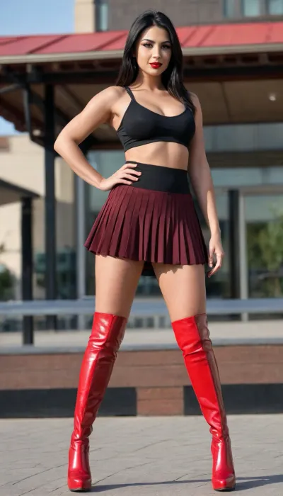 masterpiece, ((front view from below)), beautiful voluptuous 40 years old woman, raised nasal tip, modest smile, (dark red lipstick), (brown eyeshadow), (sweating), big amber eyes, wearing short black tight top and very short red tight pleated miniskirt, standing at bus station, dressed people, ((black short tight top and very short red tight pleated miniskirt:1.5)), ((visible navel)), (dressed people in background), (gymnastic body, raised nasal tip, modest smile, (sweating), hypnotized loving amber eyes), (naked shaved pussy), (((deep seamless suntan:1.5))), beautiful thin face, slim body, narrow waist, ((straight long dark black hair)), small breasts, (((flat breast))), ((full length view)), highest quality, perfect quality, natural, summer, sunny, (((platform knee boots:1.6))), clothes, ((((full body shot))))