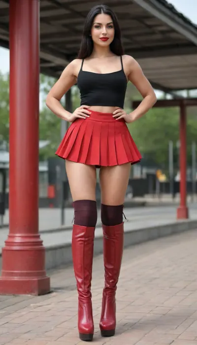 masterpiece, ((front view from below)), beautiful voluptuous 40 years old woman, raised nasal tip, modest smile, (dark red lipstick), (brown eyeshadow), (sweating), big amber eyes, wearing short black tight top and very short red tight pleated miniskirt, standing at bus station, dressed people, ((black short tight top and very short red tight pleated miniskirt:1.5)), ((visible navel)), (dressed people in background), (gymnastic body, raised nasal tip, modest smile, (sweating), hypnotized loving amber eyes), (naked shaved pussy), (((deep seamless suntan:1.5))), beautiful thin face, slim body, narrow waist, ((straight long dark black hair)), small breasts, (((flat breast))), ((full length view)), highest quality, perfect quality, natural, summer, sunny, (((platform knee boots:1.6))), clothes, ((((full body shot)))), knee boots