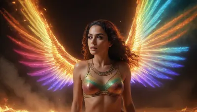 rainbow light, fire, open universe, flying 33 year old dark concentrated egyptian women preist