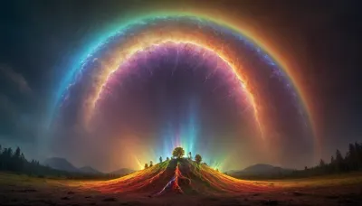 (mycelium network), hmiracle, rainbow light circeled in open universe, orbit, rainbow storm, rainbow fire, rainbow air, rainbow earth