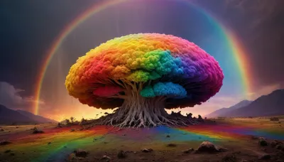 (mycelium network), hmiracle, rainbow light circeled in open universe, orbit, rainbow storm, rainbow fire, rainbow air, rainbow earth