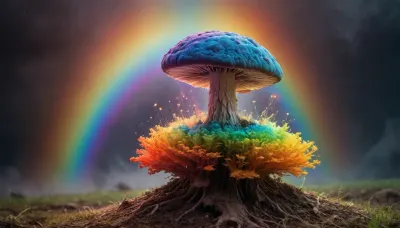(mycelium), miracle, rainbow light circeled in open universe, orbit, rainbow storm, rainbow fire, rainbow air, rainbow earth