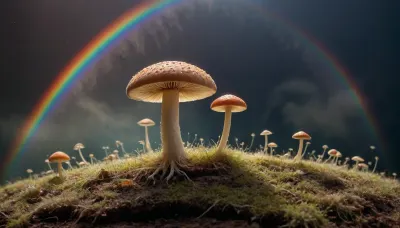 microscope, (mycelium, mushroom storm), miracle, rainbow light circeled in open universe, orbit, rainbow storm, rainbow fire, rainbow air, rainbow earth