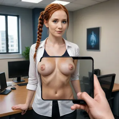(((full body))), short petite redhead, braids, gigantic breast, flatchested, social worker in an office, fully dressd, x-ray mobilephone is in front of the body, casual 32 yo, majikfone, <lora:Magikfone_XL_0.4:1.8>