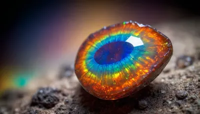 microscope macro zoom, (glowing fire opal), miracle, rainbow light circeled in open universe, orbit, rainbow storm, rainbow fire, rainbow air, rainbow earth