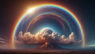 (orbit of eart), hmiracle, rainbow light circeled in open universe, orbit, rainbow storm, rainbow fire, rainbow air, rainbow earth